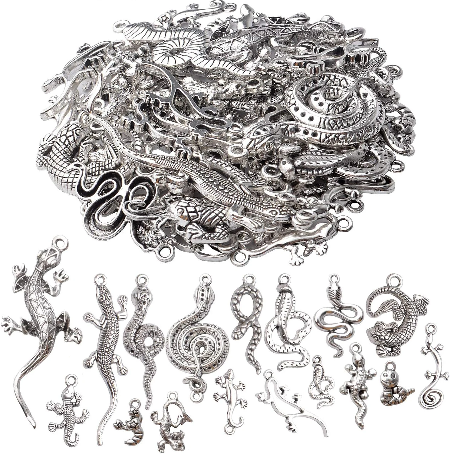 

100g Craft Supplies Antique Silver Snake & Lizard Charms Alloy Mixed Style Animal Charms for Bracelet & Necklace Jewelry Making