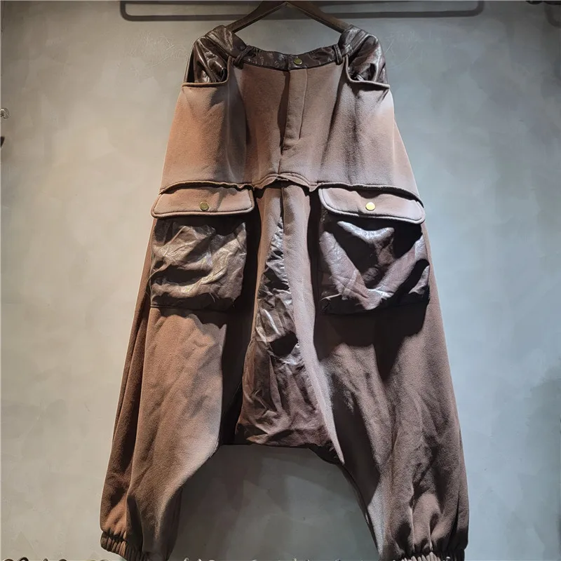 Setelan Dua Potong Berbahan Fleece dan Tebal untuk Wanita, Celana Longgar Bergaya dengan Kantong Besar, Jaket Kulit Bergaya Keren dengan Gesper untuk Musim Gugur dan Musim Dingin