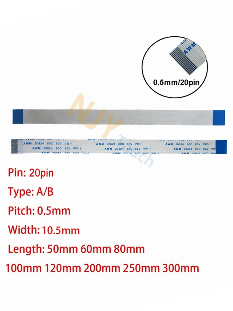 20Pin 0.5mm Pitch FFC FPC AWM 20624 80C 60V VW-1 A B Type Flat Flexible Cable 60/100/150/200/250/300/400mm