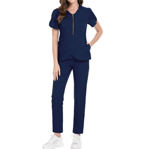 Imagen 2 del producto Conjunto de pantalones de manga corta para mujer, novedad de verano 2025, Tops con cremallera y cuello redondo, pantalón recto con cordón, conjuntos de 2 piezas para trabajo en salón de Spa para mujer