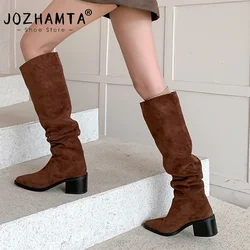 JOZHAMTA Size 34-40 Knee High Boots For Women Suede Ruched Wide Calf Long Boots Block Heel Casual Daily Dressy