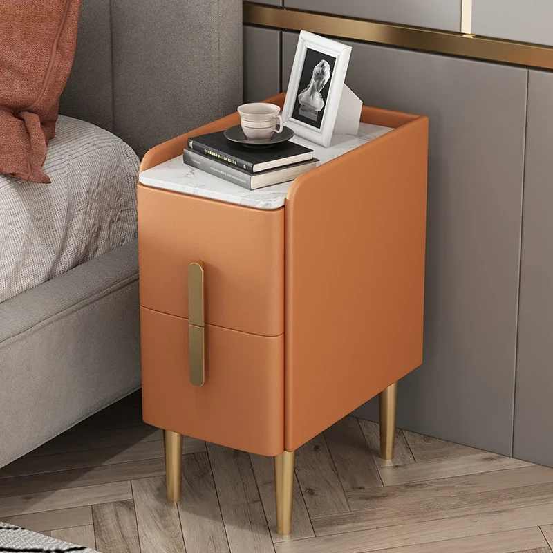 Small ultra-narrow bedside table simple modern luxury leather bedside cabinet rock plate mini home storage slit narrow cabinet