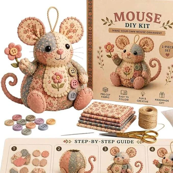 patchwork-mouse-diy-sewing-kit-handmade-fabric-animal-craft-set-with-stuffing-buttons-and-floral-details