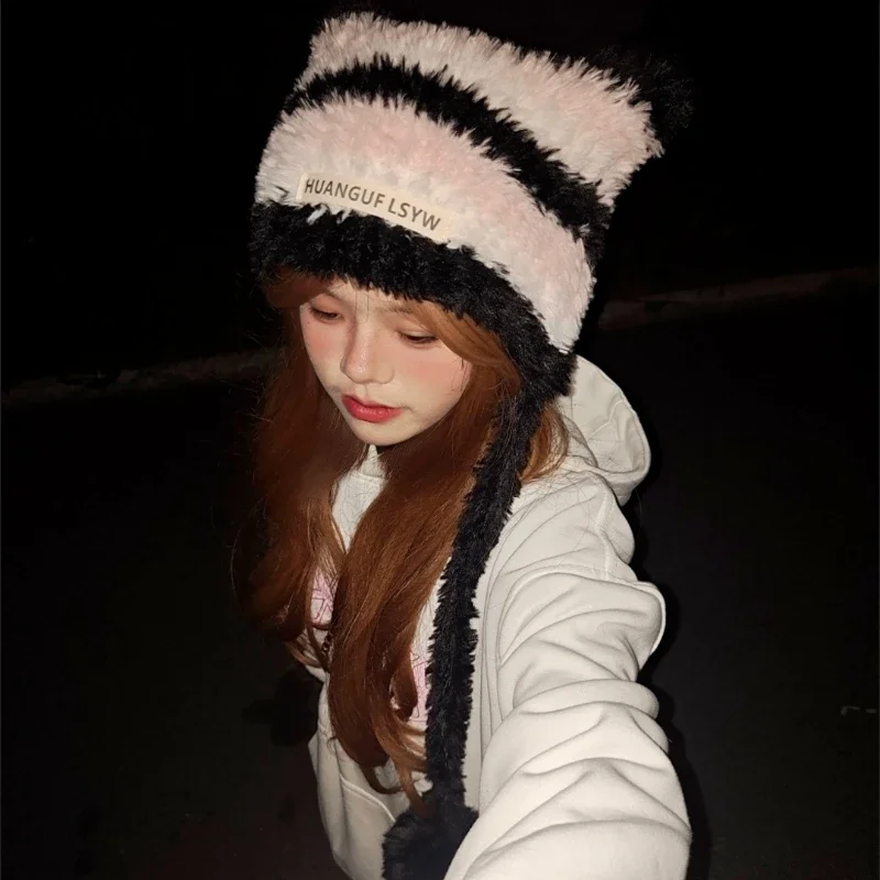 

Y2k Goth Harajuku Striped Korean Style New Hat Women Cute Plush Knitte Cat Earflaps Protection Hat Winter Warmer Kpop Cap Girls