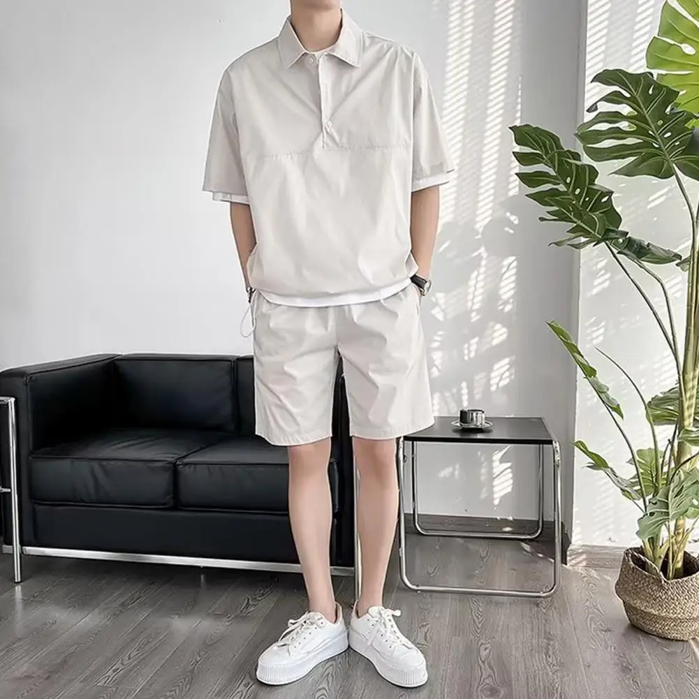 Casual Men Suit Men's Sporty Lapel Shirt Elastic Waist Shorts Set with Pockets Half Placket Short Sleeve for Active for Casual