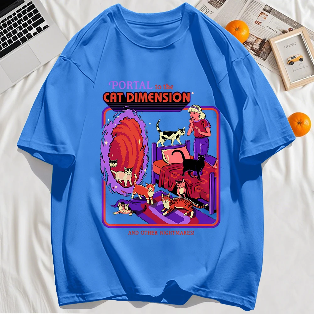 

Portal To The Cat Dimension Print Mens Basics T Shirt Hip Hop All-Match T-Shirt Casual Cotton Clothes Unisex Loose Summer Tops