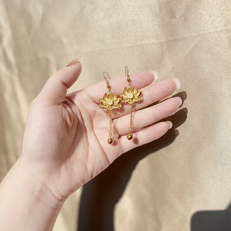 KISS&FLOWER Gold Vintage Lotus Necklace Ring Drop Earring For Women Wedding Party Birthday Christmas Bride Mother Lady Gift JS62