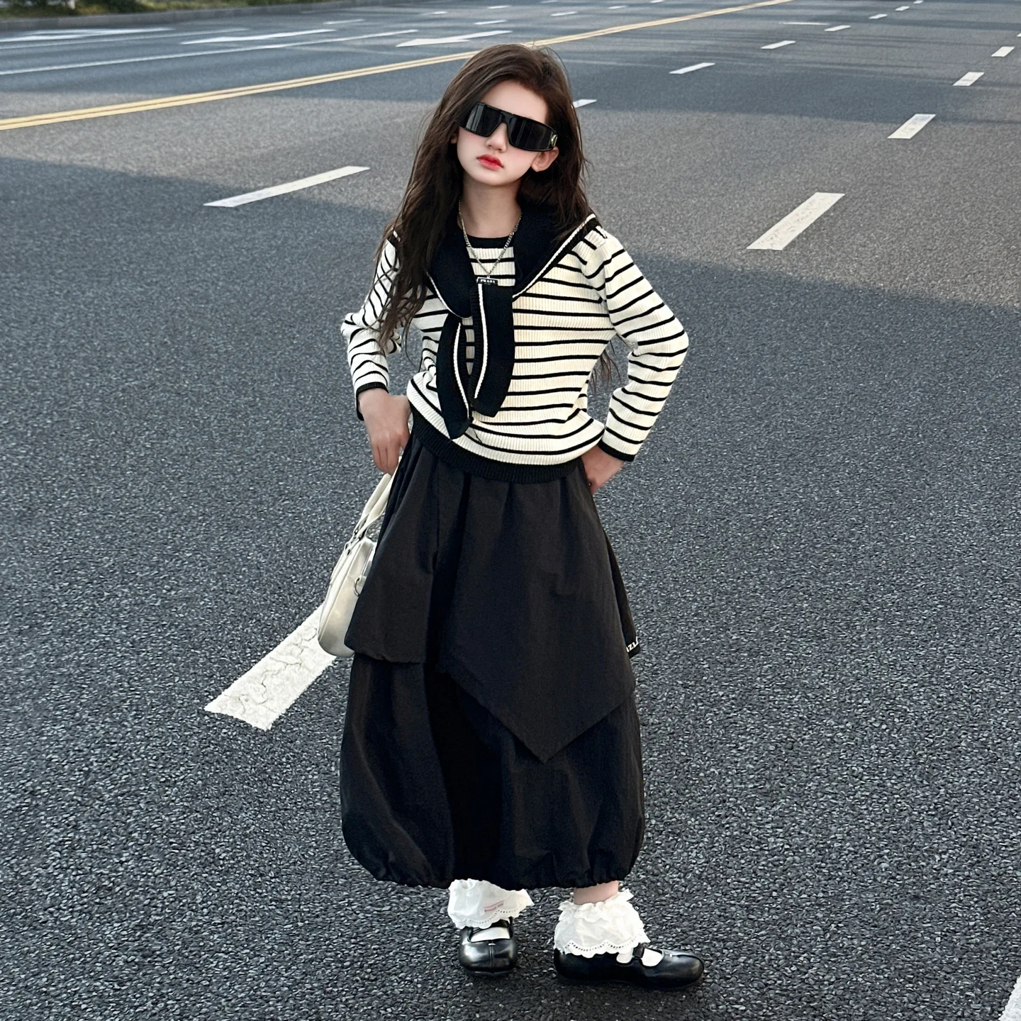 

Autumn Junior Girl Two-piece Suits Kids Girl Striped Long Sleeve Shawl Top School Girl Irregular Patchwork Skirt 5-14Y Girl Set