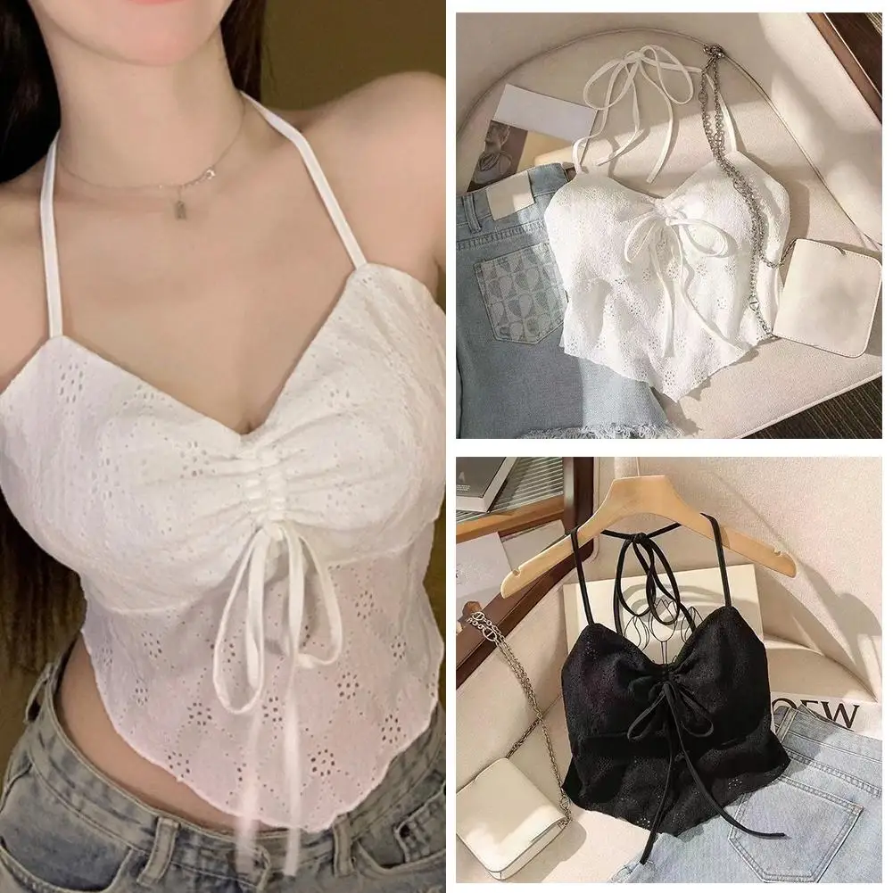 Pizzo Trim Crop Top estetico fiocco bianco carino dolce Mini Tee pad Casual Summer Vest Backless Vest donna Basic Chest lavorato a maglia K1Q2