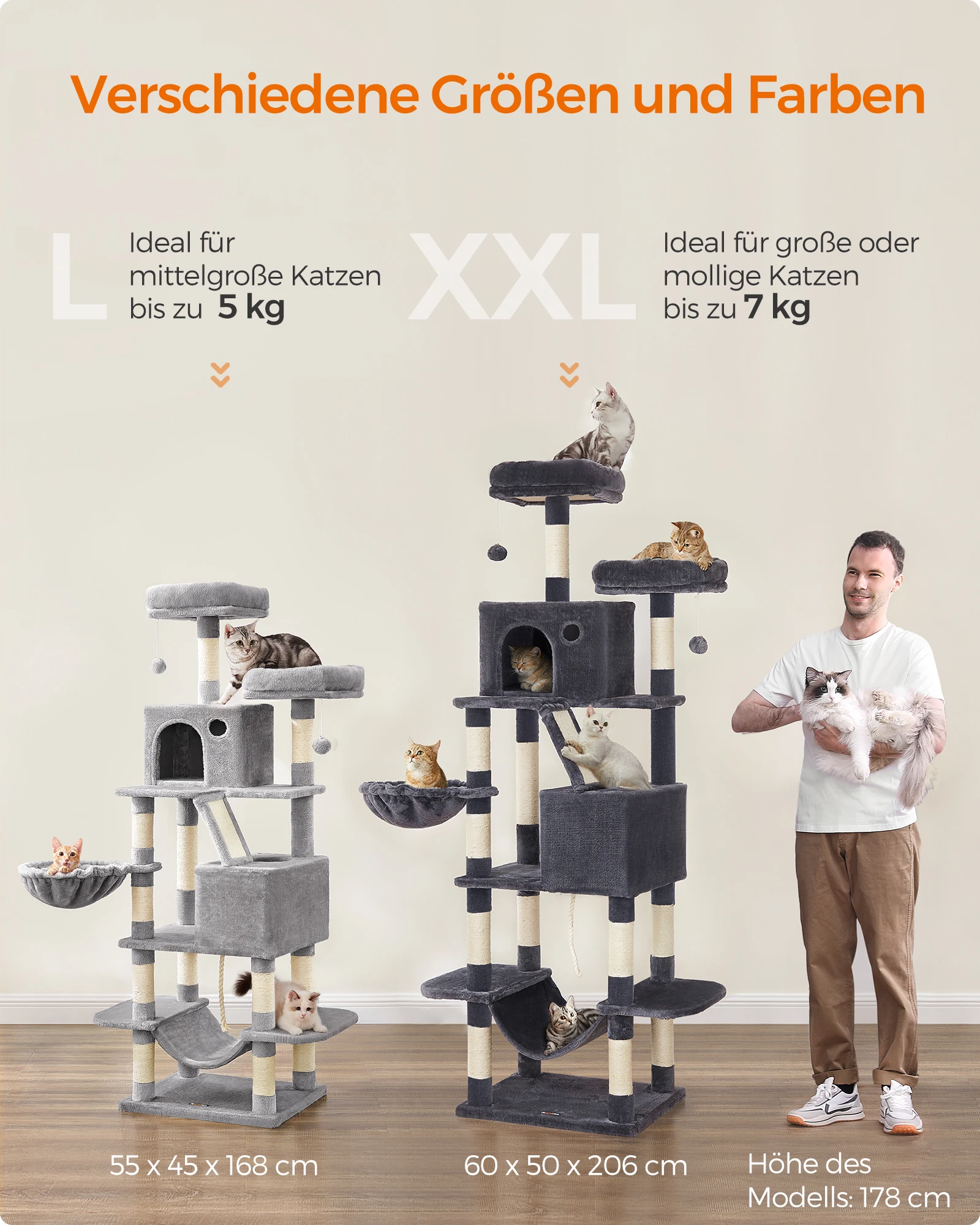 شجرة قطة كبيرة مع أعمدة للخدش ، أرجوحة مع كرات قطيفة ، أرجوحة مع 13 عمود خدش ، منصتان ، كهفتان ، عالية ، XXL #6