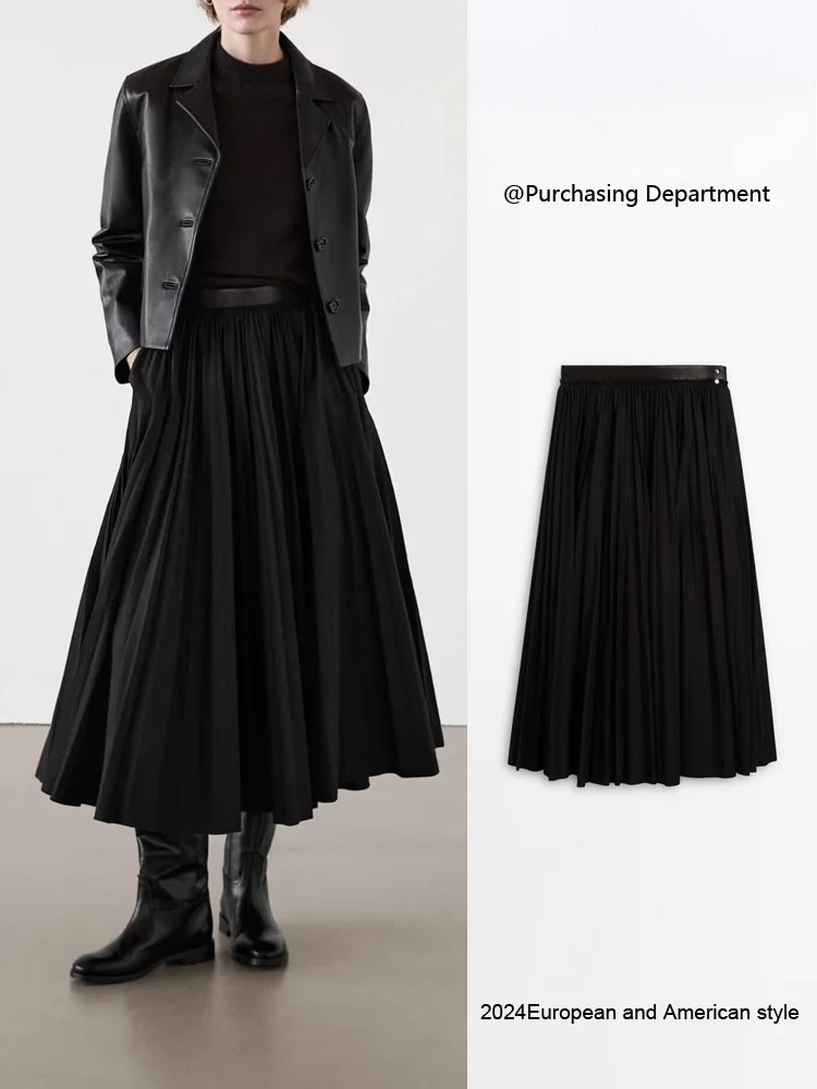 Fall New Arrival ZA2024 Women's Commuter Sle Waisand Leather Panelled Pleated  Skirt Mid-Length A-Line Skirts
