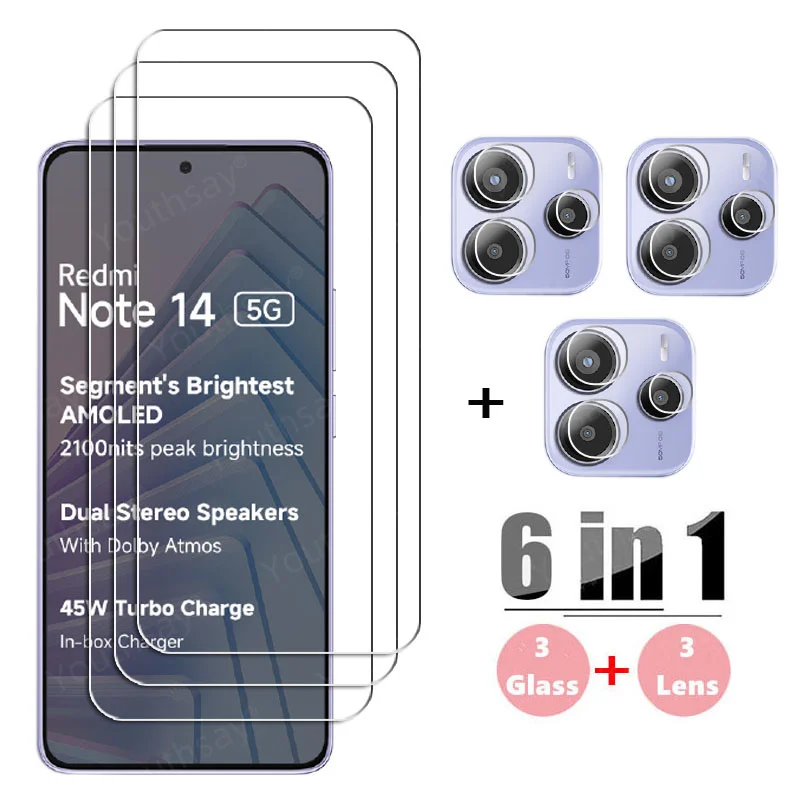 Full Gule Glass For Xiaomi Redmi Note 14 5G Tempered Glass Redmi Note 14 Screen Protector Camera Lens Film Redmi Note 14