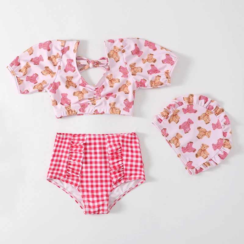 3Pcs Kids Clothes Girls Swimsuits Summer Cute Cartoon Bear Print Top+Plaid Shorts Suit for Baby Short Sleeve Children\'s Clothing