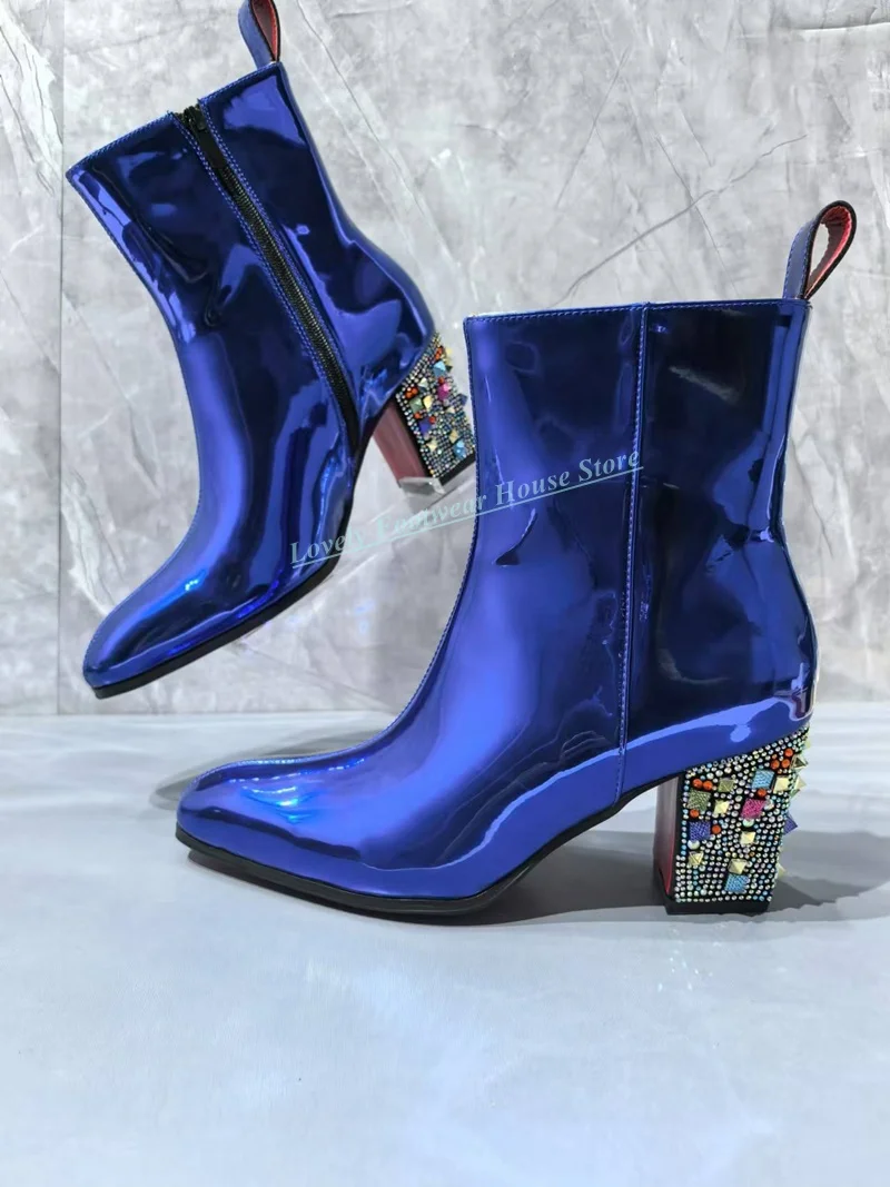 Bling Patent Leather Man Blue High Top Boots 5CM Square High Heel With Colorful Crystal Male Autumn Winter Wedding Ankle Boots