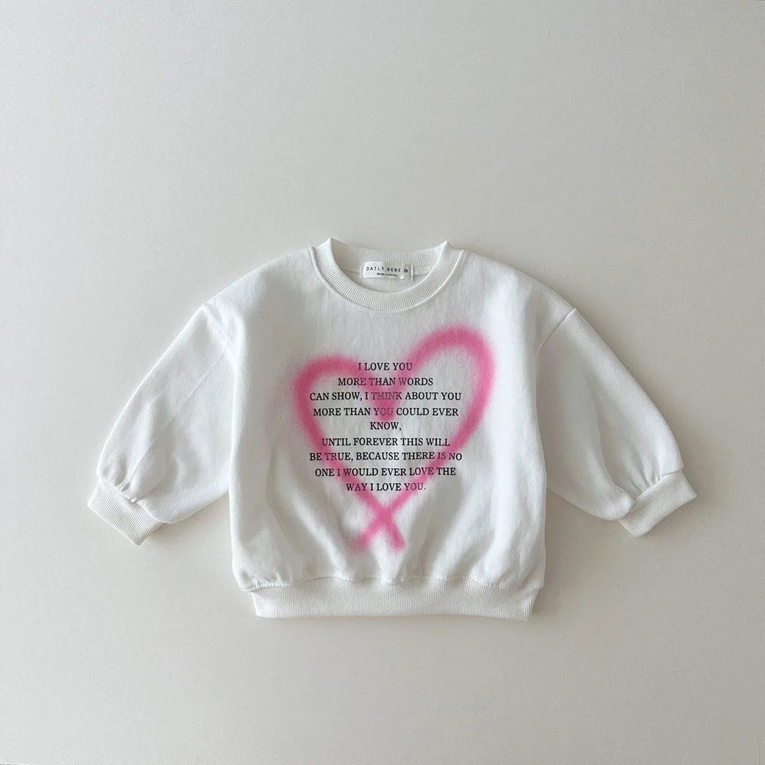 2024 Spring New Baby Girl Long Sleeve Casual Sweatshirt Letter Heart Print Girls Cartoon Tops Children Casual Pullover Clothes