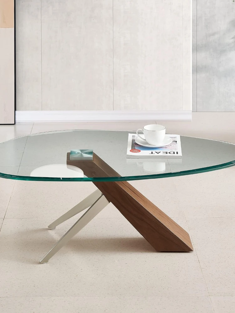 Marco Furniture Arco Oval Glass Coffee Table - Nordic Walnut 12 mm Transparent Tempered Glass Coffee Table Decor