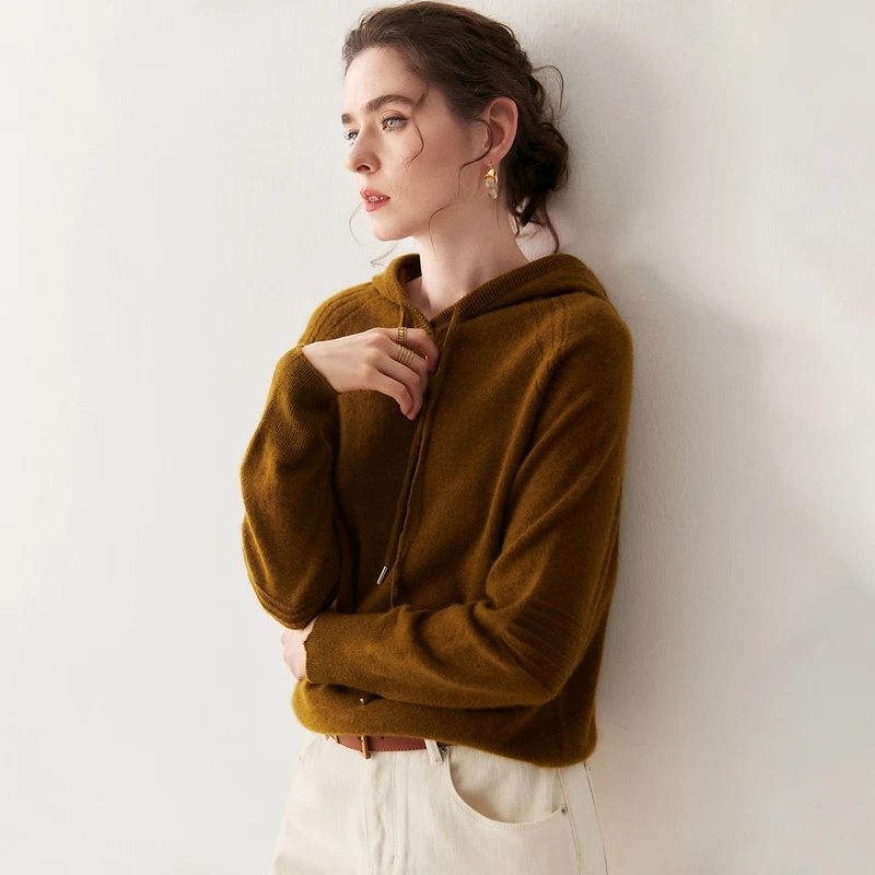 عالية الجودة الألوان النقية الكشمير هوديي ربيع الخريف الشتاء المرأة موضة البلوفرات محبوك سترة الكشمير المعنقة سيدة كبيرة الحجم