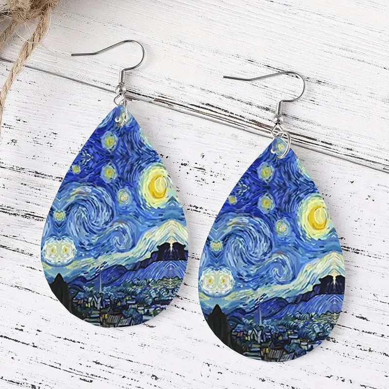 1Pair Bohemian Fashion PU Leather Drop Earrings Star Print Earrings Women Everyday Wear Ear Jewelry Creative Personality Gift