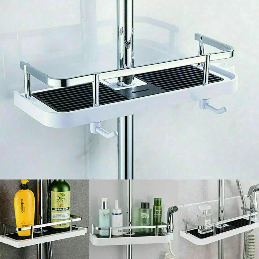 Plastic Shower Rod Rack Bathroom Lift Rod Bracket Shower Storage Hanging Basket Shampoo Soap Tray Punch-free Bathroom Shelf