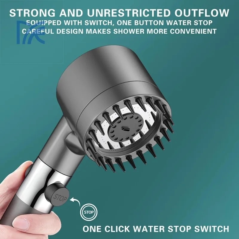 3-Setting Adjustable High Pressure Filter Shower Head with Rainfall Spray and Massage Brush for Bathroom Use