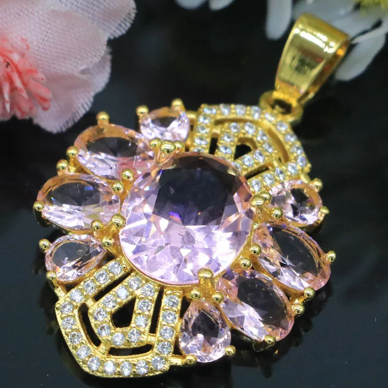 

46x24mm Highly Recommend 9.5g Pink Kunzite White CZ Women Dating 14k Gold Silver Pendant Earrings