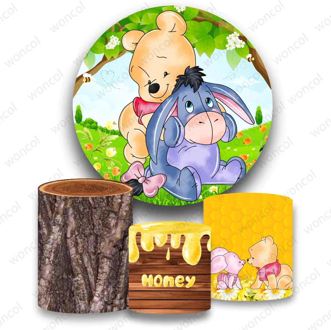 Pooh Eeyore Round Cover Winnie The Pooh Birthday Backdrop Piglet Pooh Retro Wood Honey Cylinder Cover Baby Shower Decor Prop