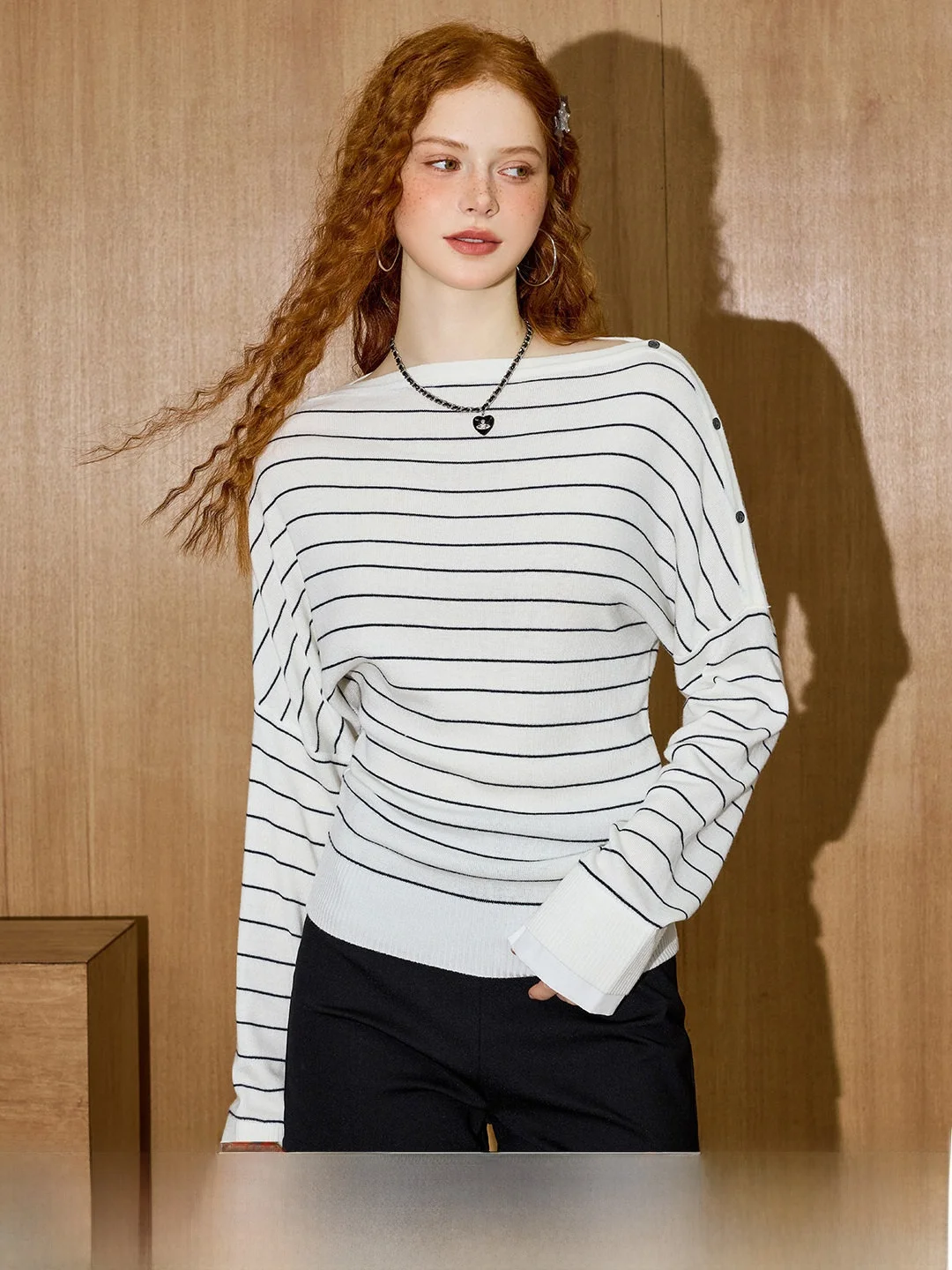 Coolhut College Style Striped Long Sleeve Women's T-shirt Loose Lazy Basic round Neck Top Polyester Nylon Blend Long Arm