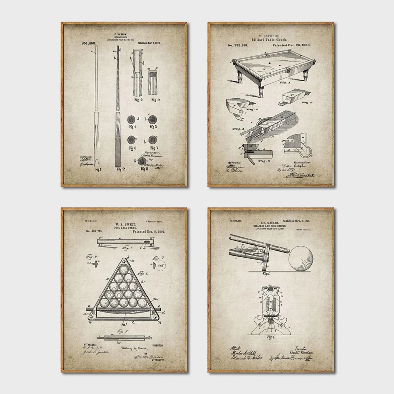(2D Canvas Painting)  Vintage Billiards Patent Posters and Prints Snooker Cue Pool Table Blueprints Art Canvas Painting Billi
