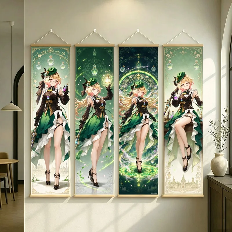 Hanging Scroll Wall Art of Genshin Impact Emilie with Green Floral Motifs on Silver Shimmer Canvas for an Anime Bedroom