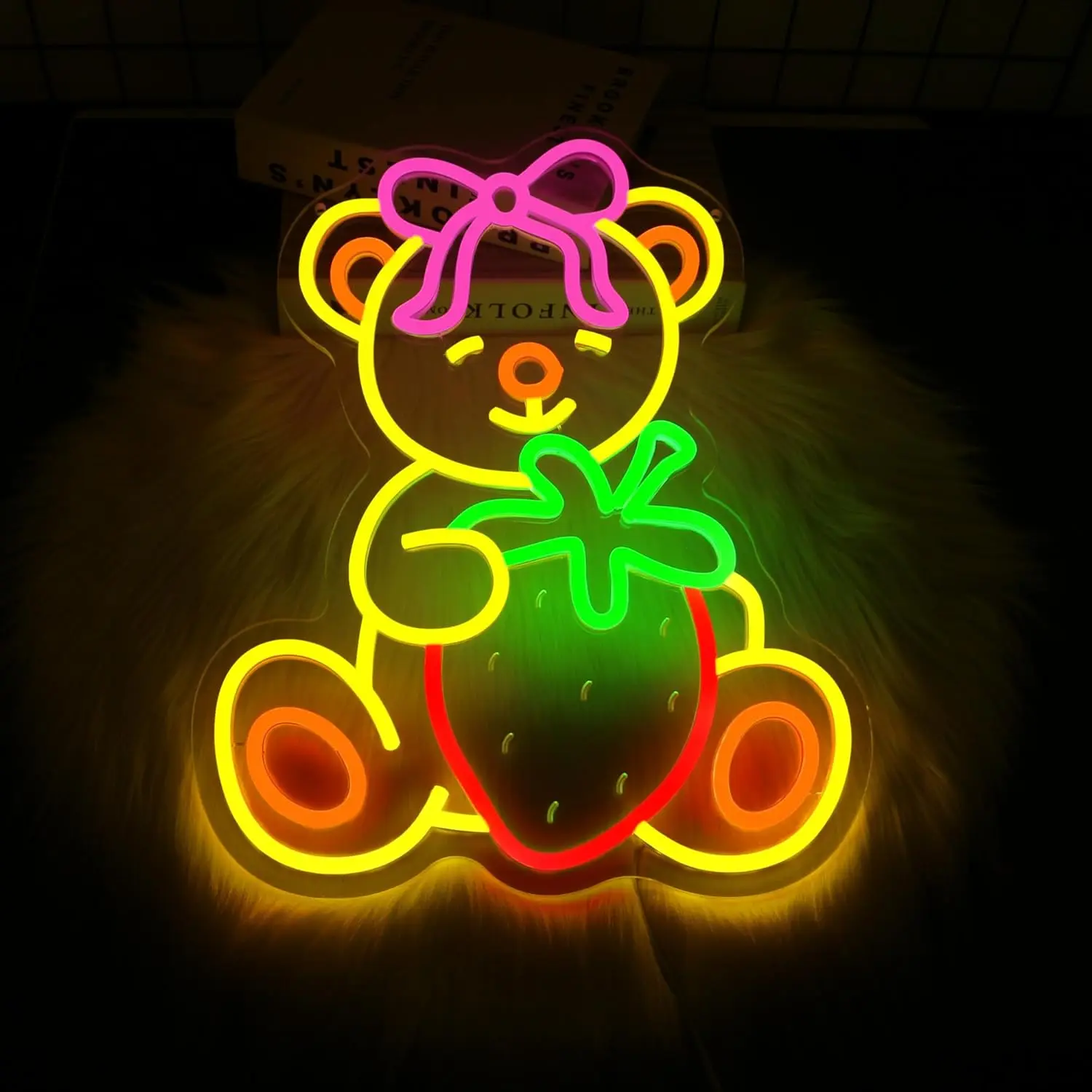 Strawberry Bear Neon Sign for Wall Decor, USB Powered LED Neon Lights for Bedroom, Bar, Cafe, Shop Advertising & Gift