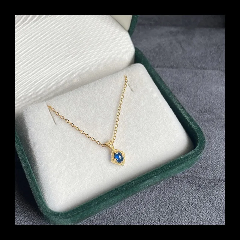 Colar de cianita em forma de ovo estilo japonês S925 moldura banhada a prata retrô versátil colar de zircão de luxo