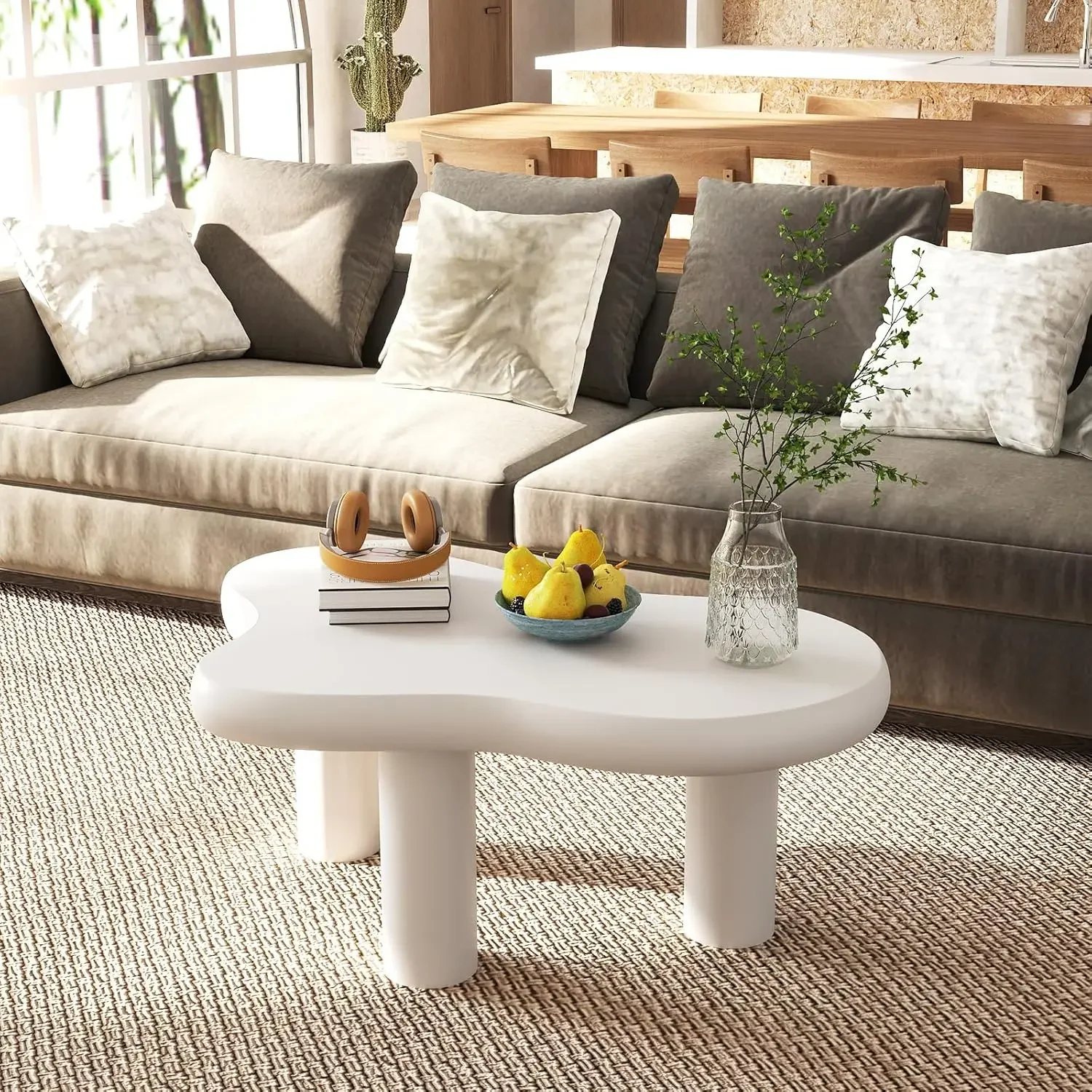

34" Cloud Wood Coffee Table - 3-Leg Modern Accent Center Table for Living Room Bedroom Balcony Patio, Cream White