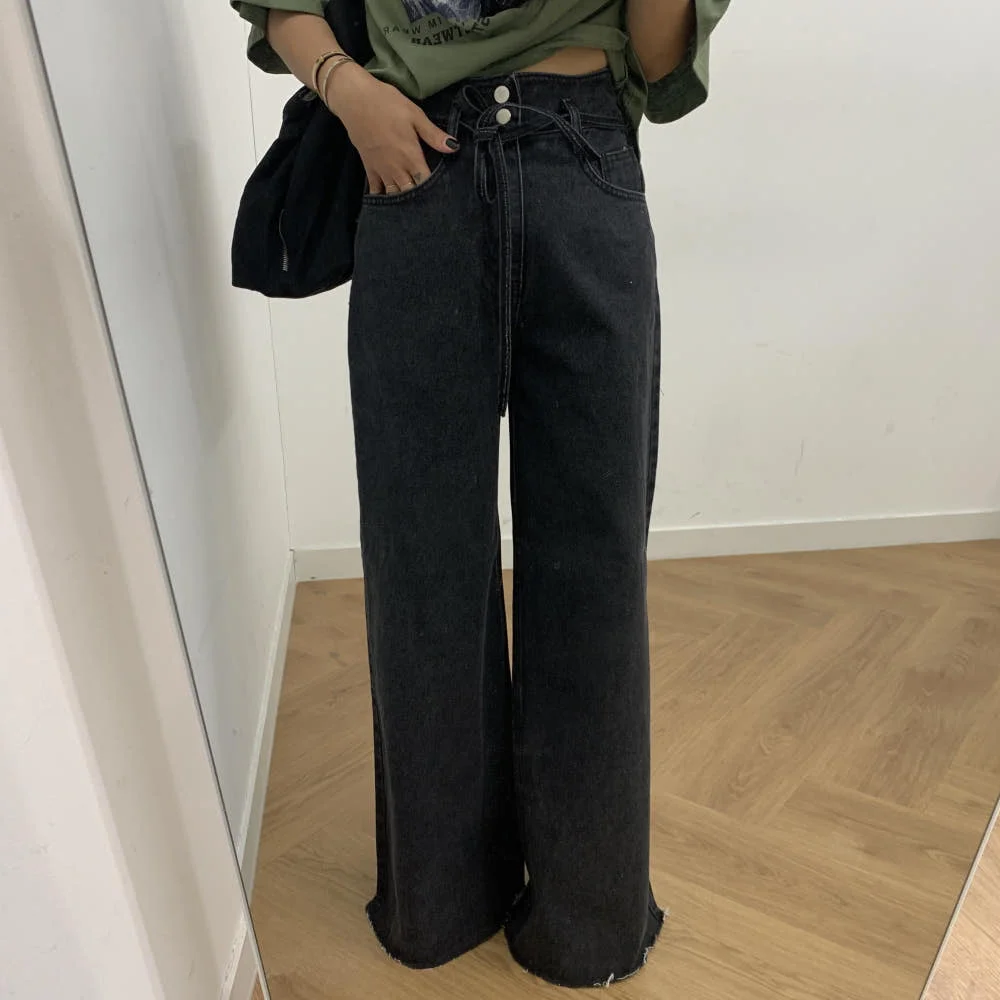 Fashionable Youthful Washed Loose Straight Leg Jeans High Waist Casual Cotton Denim Belted Pleated Lines for Women