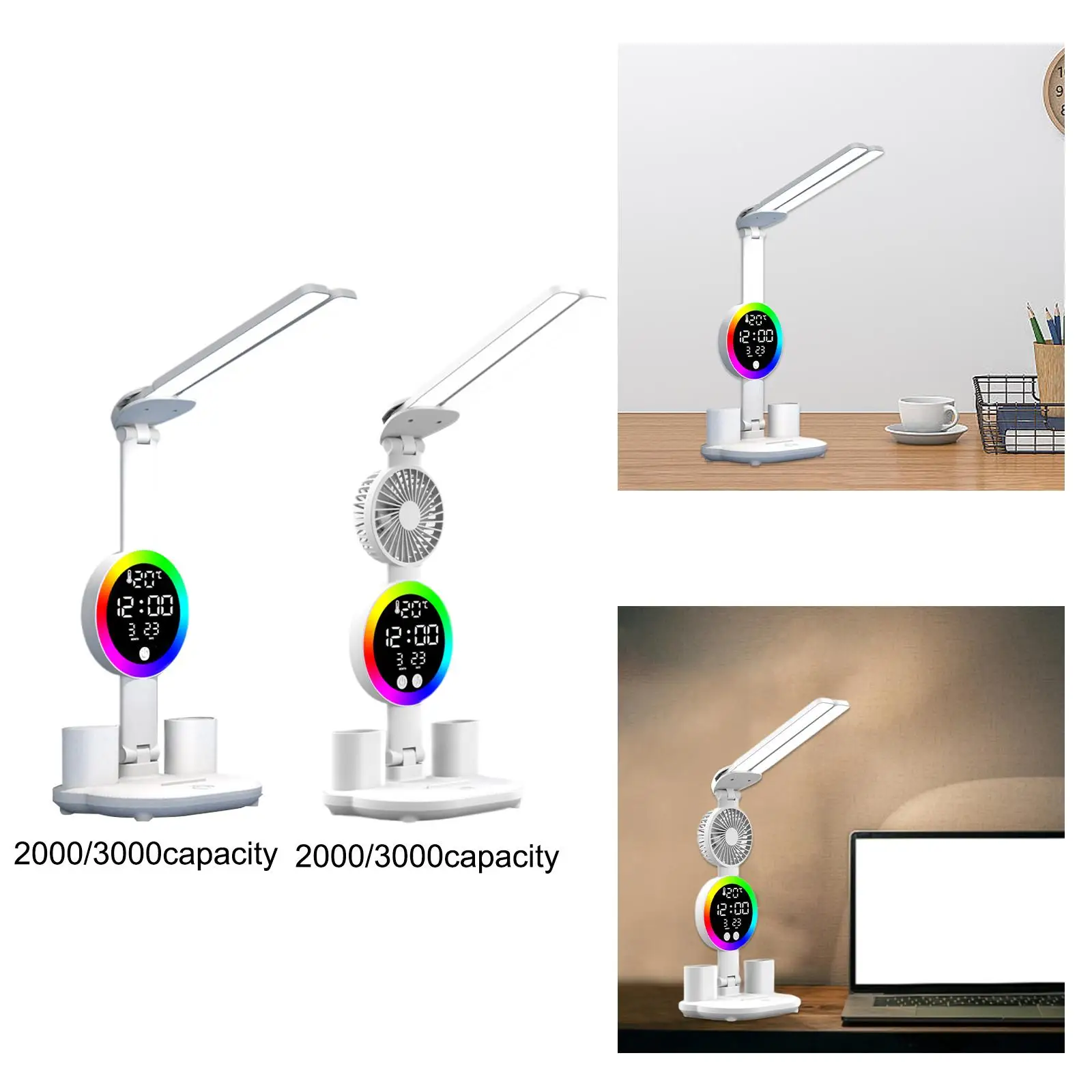 LED Desk Lamp Bright Foldable Time Date Temperature Display Night Light Study