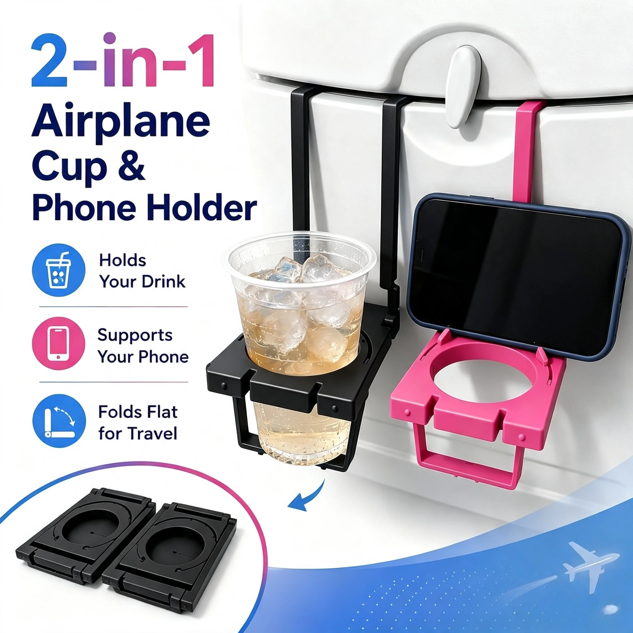 Airplane Cup Holder and Phone Stand, Foldable 2-in-1 Travel Drink Rack for Flight Tray Tables, Compact Phone and Can Holder