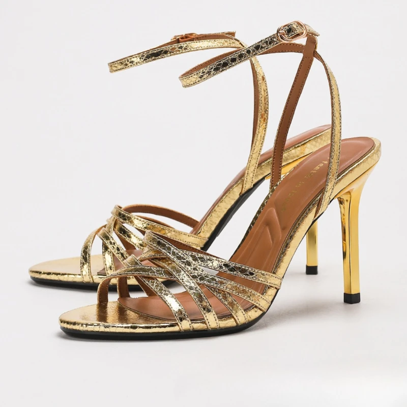 

Sexy Gold Cross Band Sandals Women Fashion Open Toe Ankle Strap Designer High Heels Elegant Banquet Party Shoes Women Pumps