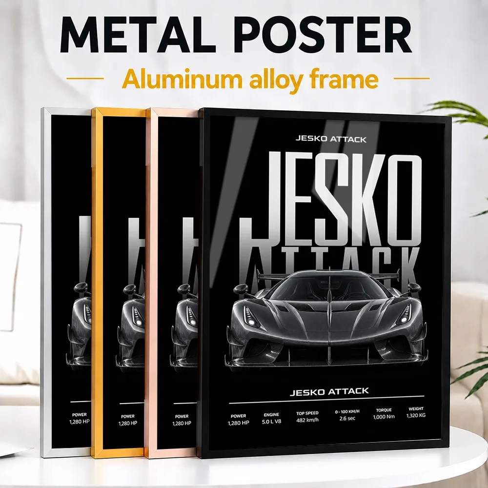 Swedish Jesko Attack Graphite Grey Supercar Framed Metal Poster Personalized Motorsport Heritage Wall Art Gift For Gearheads