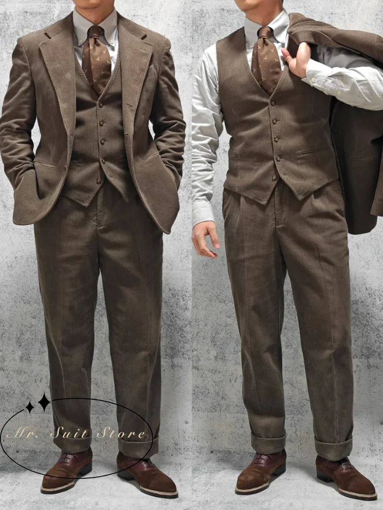 

Вельветовый мужской костюм-тройка в стиле ретро, однобортный осенне-зимний коричневый деловой повседневный пиджак, мужской костюм в стиле вестерн, блейзер