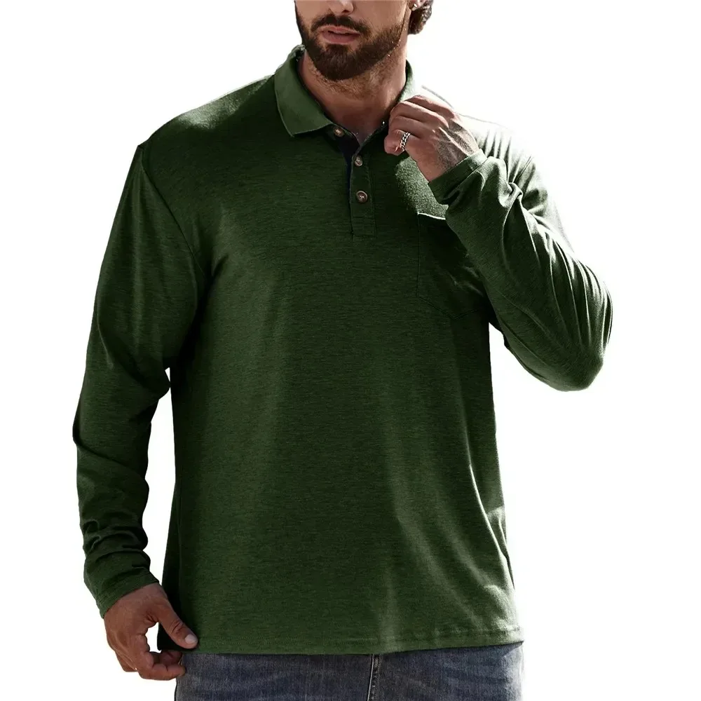 Men's Long Sleeve Quick Drying Pocket Polo T-shirts Golf Team Work Tops Classic Button Basic Tees Fashion Casual Business Shirts