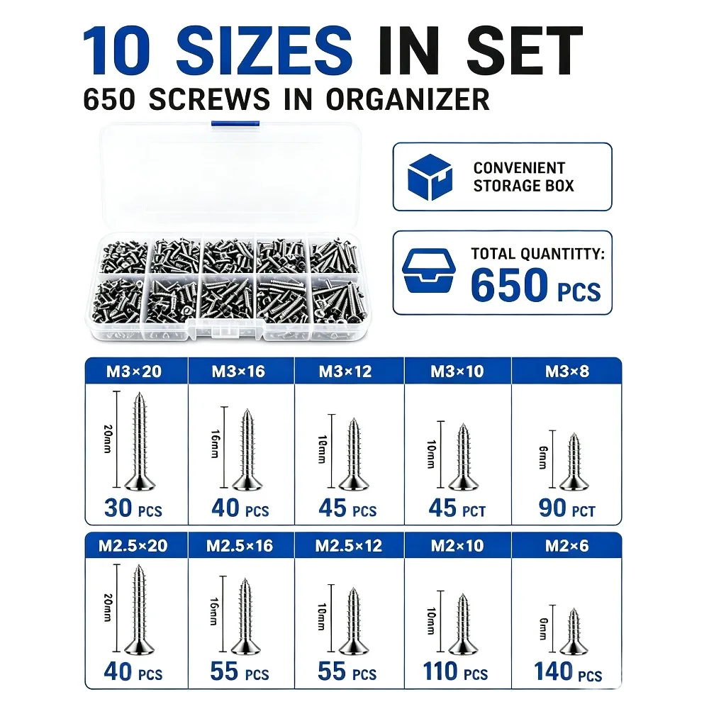 650Pcs Nickel Plated Steel Cross Countersunk Self Tapping Screws Kit M2 M2.5 M3 Boxed For Window Frame Solid Wood Repair Install