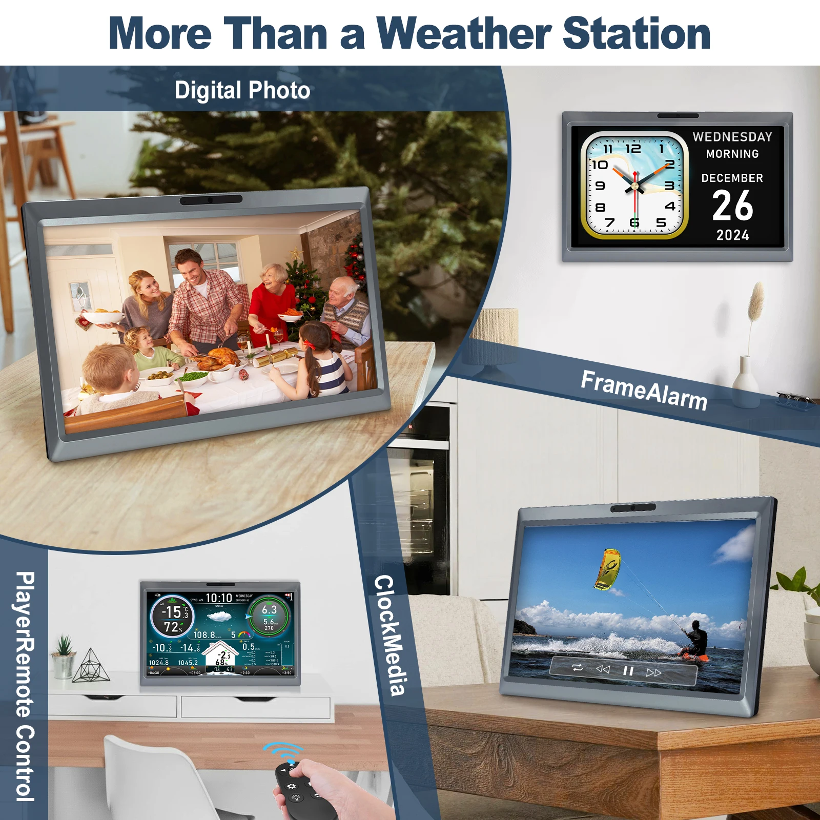 10.1 بوصة HD TFT عرض واي فاي محطة الطقس 7 في 1 مع الاستشعار اللاسلكي إطار الصورة الرقمية مشغل فيديو إنذار التحكم عن بعد