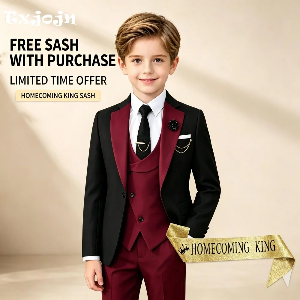 Homecoming Formal Suit for Boys Wedding Tuxedo 3 Piece Color Block Jacket Pants Vest Kids Blazer Set Slim Fit Tailored Outfit