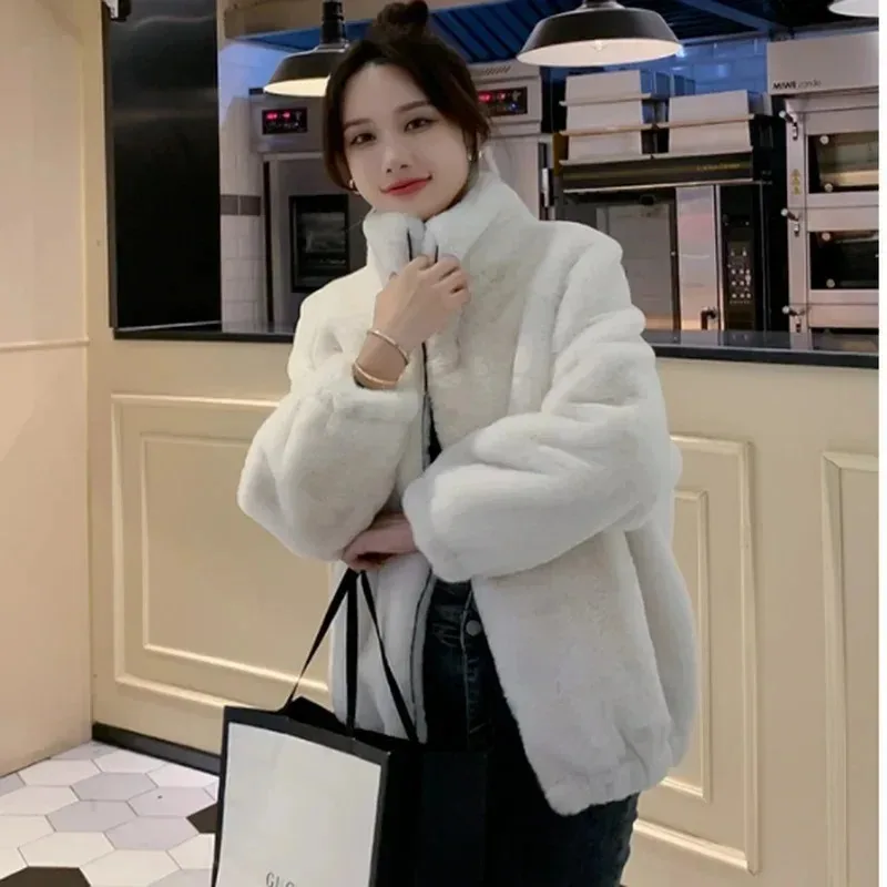 Corea autunno e inverno moda giacca temperamento donna elegante risvolto scanalato tasche larghe caldo visone imitazione pelliccia