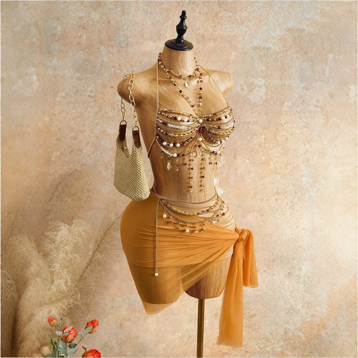 Wholesale Imitation Pearls Beaded Bra Tops Breast Chain Bikini Crop Camis Hollow Out Sexy Night Clubwear Beach Party Body Chain - view 2