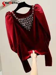 Exquisite Rhinestone Retro Patchwork Puff Sleeve Shirt Top Women 2022 Winter New Fashion Square Collar Slimming Velvet Blouse