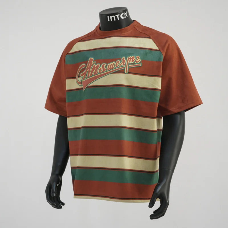 

Suede contrasting striped round neck short sleeved T-shirt for men, loose casual versatile street retro clothes for men