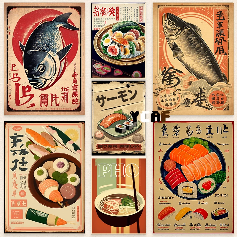 Vintage Japanese Food Poster Canvas Printing Vintage Fish Sushi Lamian Noodles Wall Decor Vintage Japanese Style Kitchen Decor