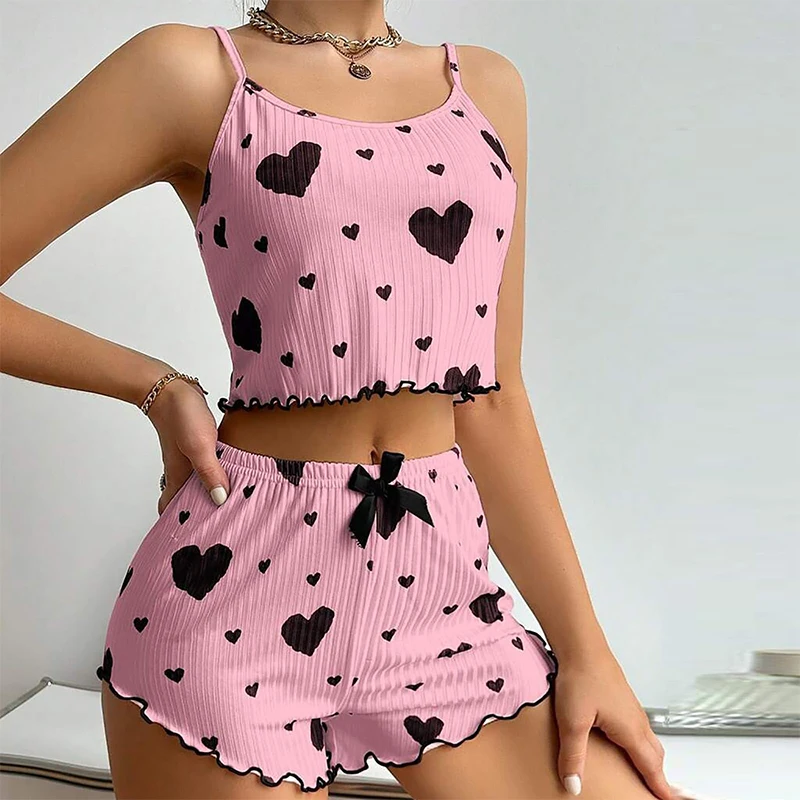 Damen-Pyjama-Set, Nachtwäsche, 2-teilig, kurze Tanktops und Shorts, S, M, L, weiß, belüftet, weich, lässig, Liebesdruck – Detail 13