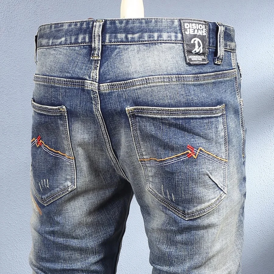 

Street Designer Fashion Men Jeans Retro Blue Stretch Slim Fit Ripped Jeans Men Embroidery Patched Vintage Y2K Denim Pants Hombre
