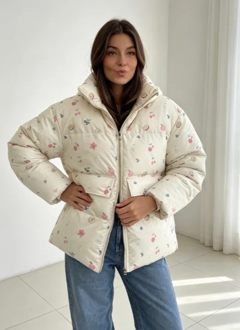 Women Printed Cotton-padded Jacket For Lapel Long Sleeve Zipper Pocket Loose Coat 2026 Winter Lady Casual Daily Street Outerwear